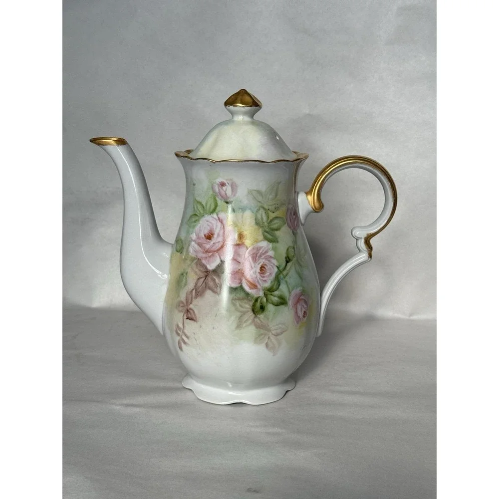 Antique Hand Painted Porcelain Coffee Tea Pot SIGNED E H Groff Roses Gold Gilt